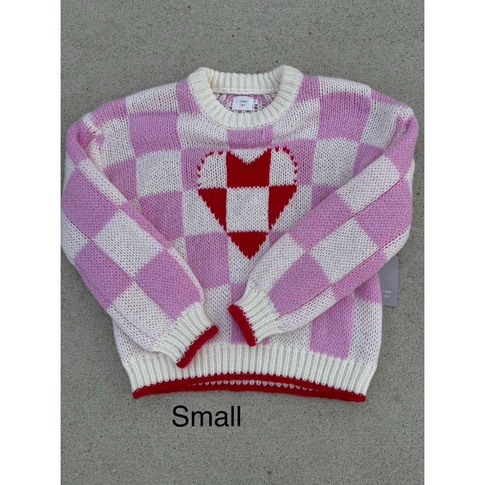 NWT Luna Ivy Pink Cream Check Heart Chunky Knit Long Sleeve Crew Sweater SMALL